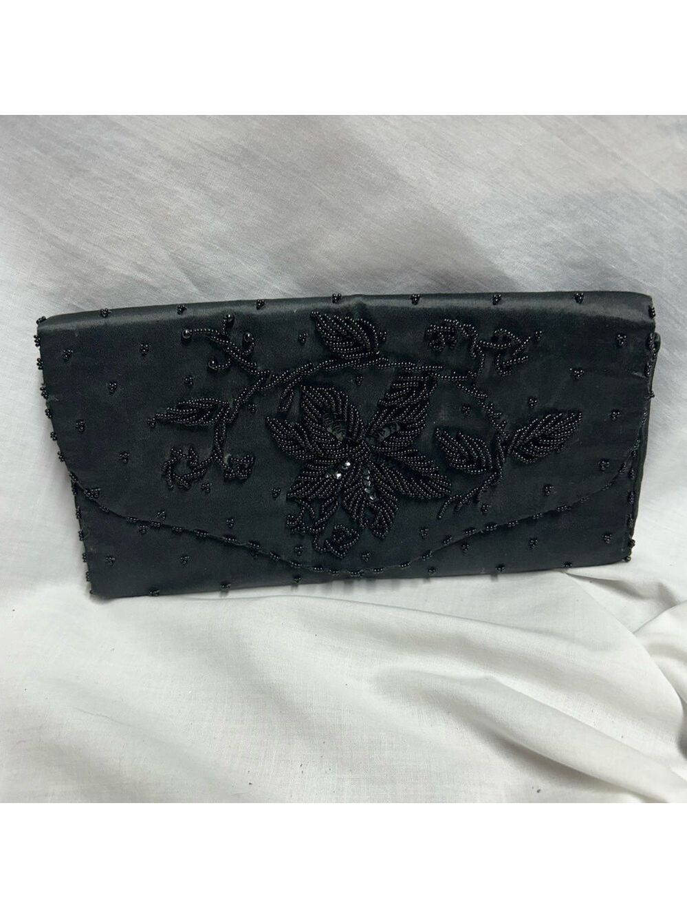 Nice Vintage Art Deco Clutch Black Beaded Sequin Satin Made In Hong Kong - Picture 3 of 9